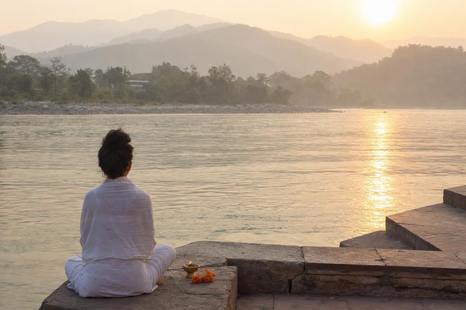 A person in white sits in meditation on stone steps beside the Ganges at dawn, seen from behind, with misty hills beyond.