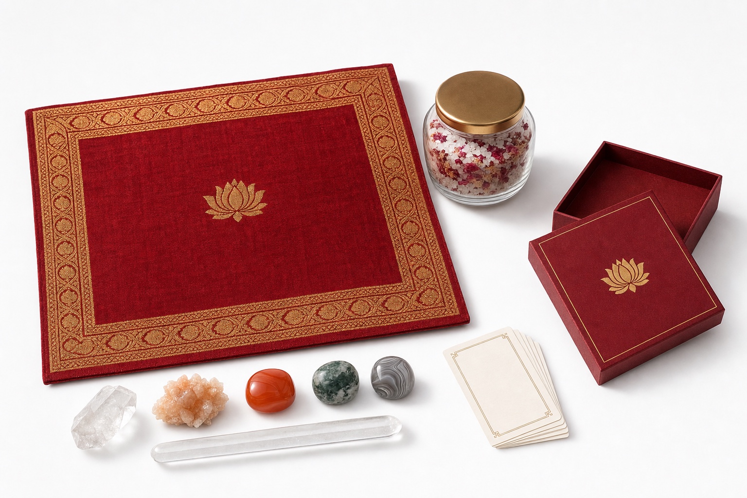 The Full Kit laid out on white: a red and gold sitting mat, a jar of bath salts, five crystals, a crystal wand, practice cards and a red box.