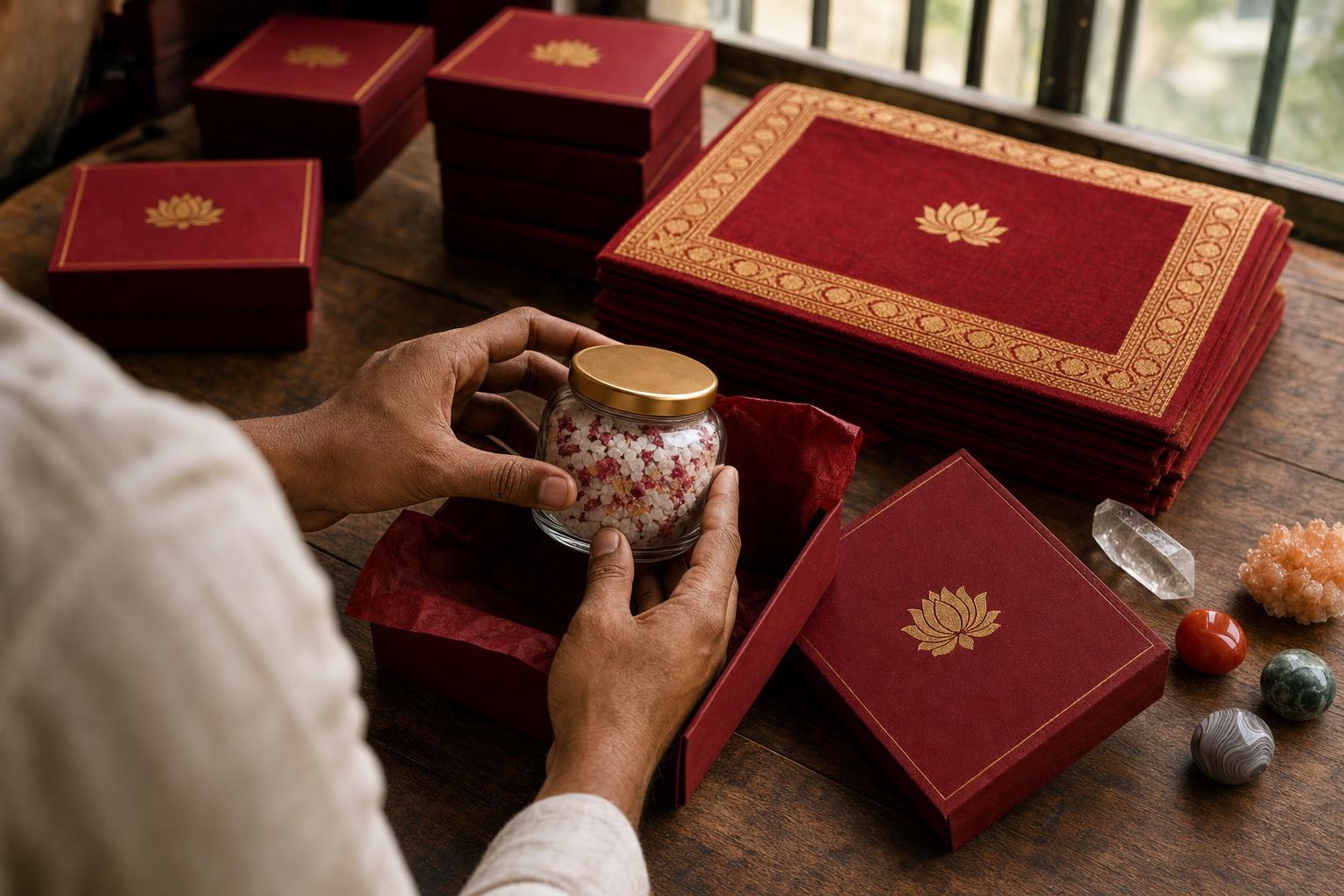 Two hands lower a jar of bath salts into a red box lined with tissue.