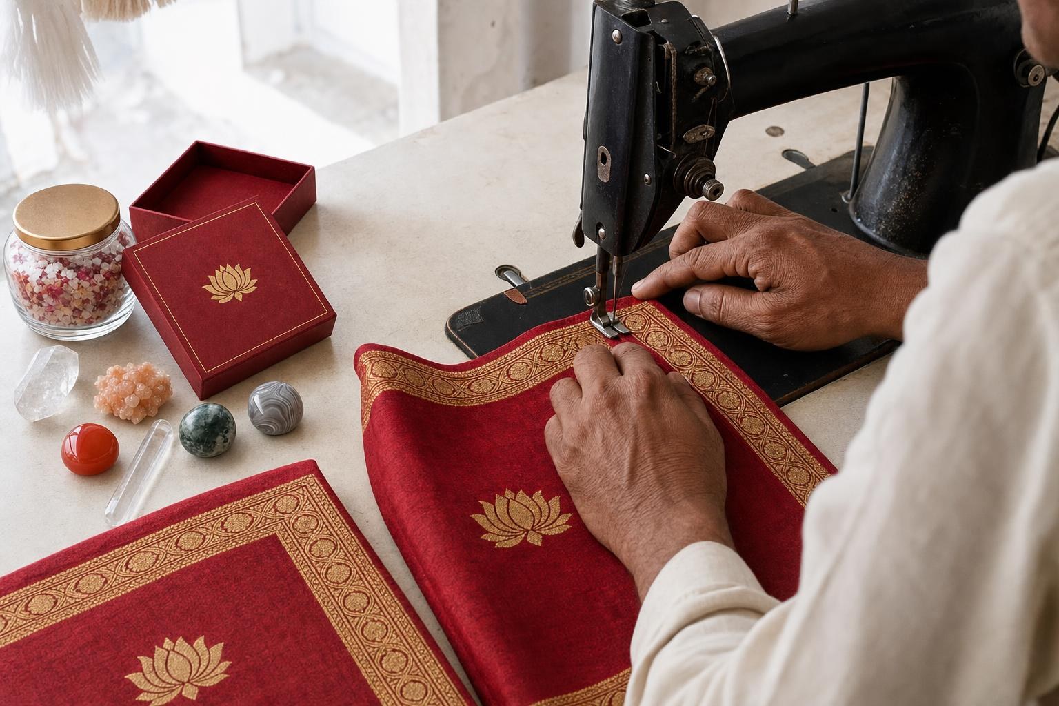 A tailor's hands stitch a gold border onto red cloth at a sewing machine.